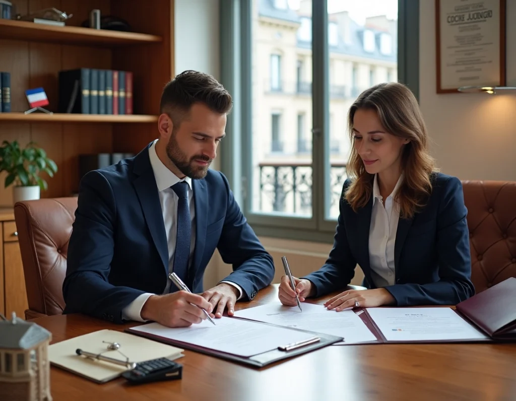 Un homme et une femme, assis à un bureau, signent des documents Un homme et une femme, assis à un bureau, signent des documents